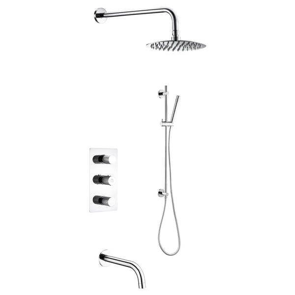 Chrome Thermostatic Shower / Tub Set Including Shower Head, Handshower On Rail, Valve And Spout